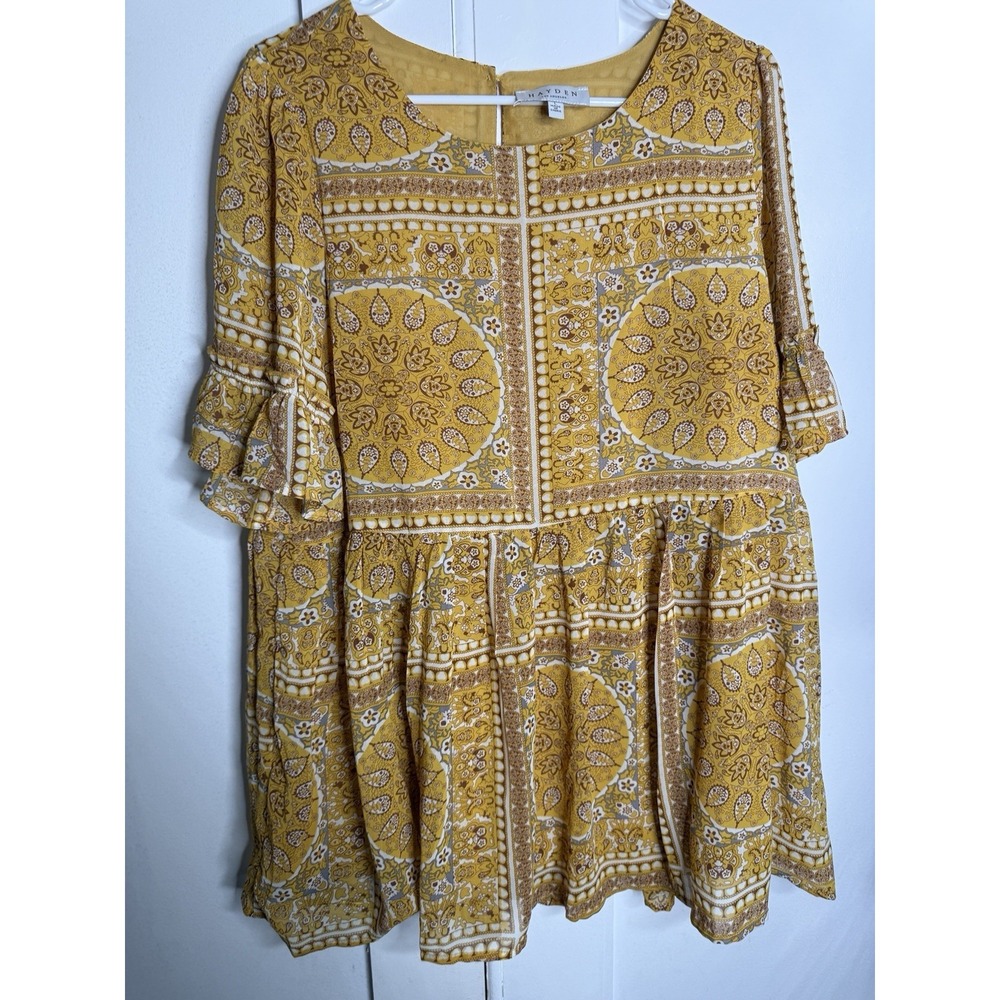 Hayden Los Angeles Yellow Floral Boho Pullover Blouse Sz Large Peasant Mandala